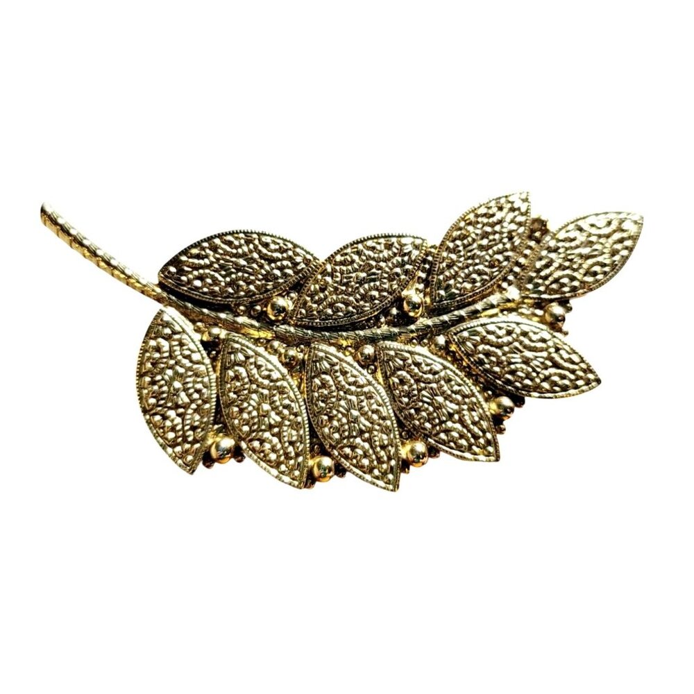 Vintage Art Deco Style Yellow Gold Tone Leaf Design Raised Relief Pin Brooch